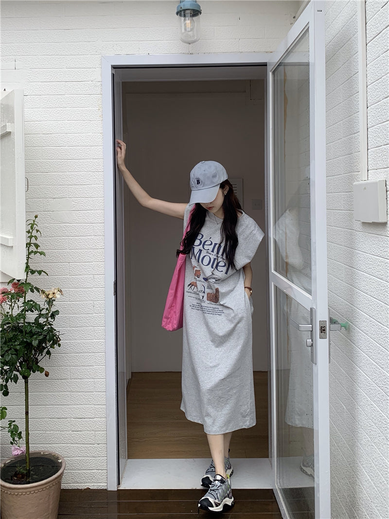 CGB5339-120B 夏日百搭超大印花無袖墊肩T恤連衣裙