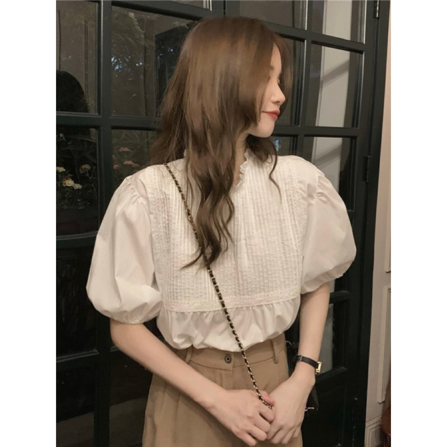 CGE1495-5B 氣質短袖上衣女小眾設計感白色泡泡袖襯衫
