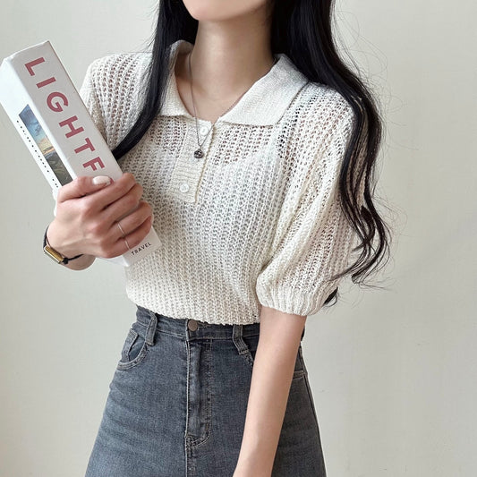 CGE1114-35B 翻領冰絲針織衫翻領泡泡袖鏤空POLO短袖(4色)