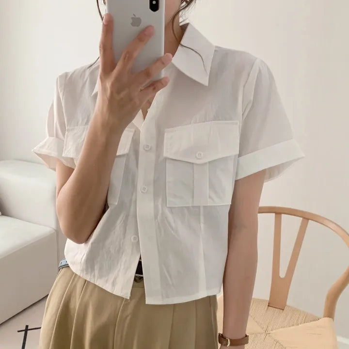 CGE7652-36H 韓版夏季復古工裝口袋POLO領單排扣襯衫上衣