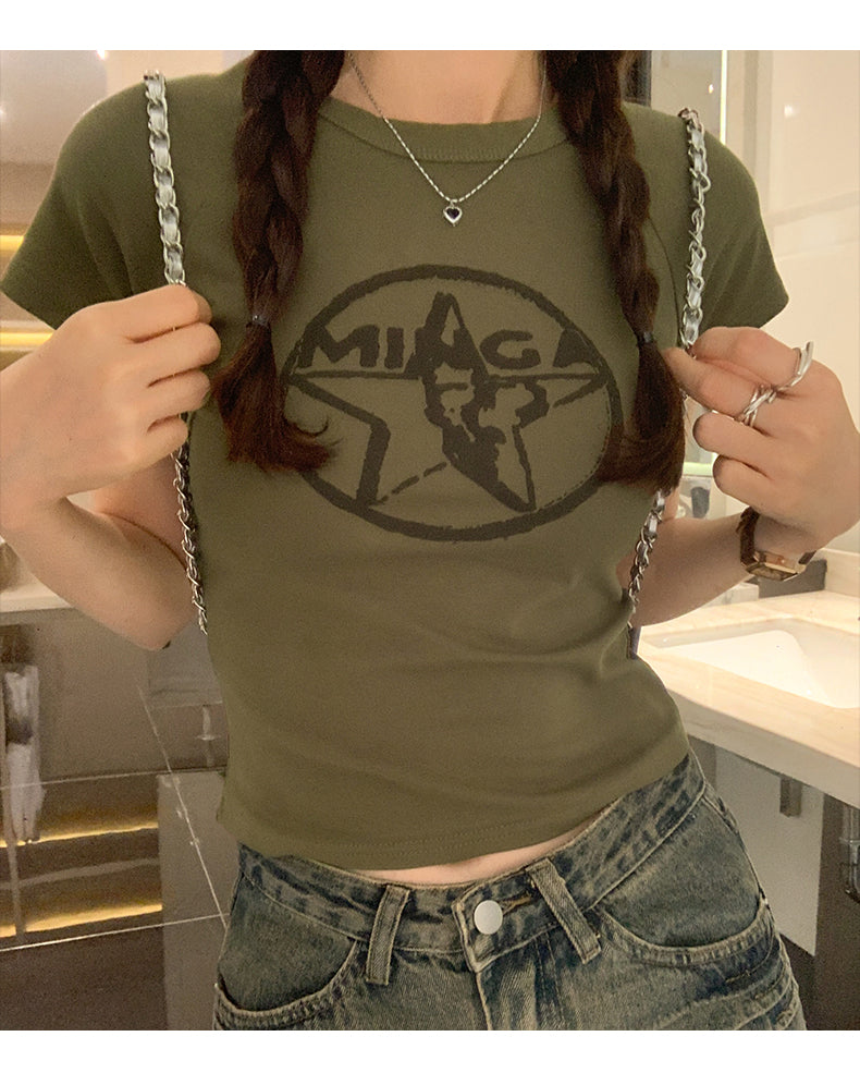 📺︎︎  CGE8663-45B 復古印花短袖T恤夏季圓領短款上衣