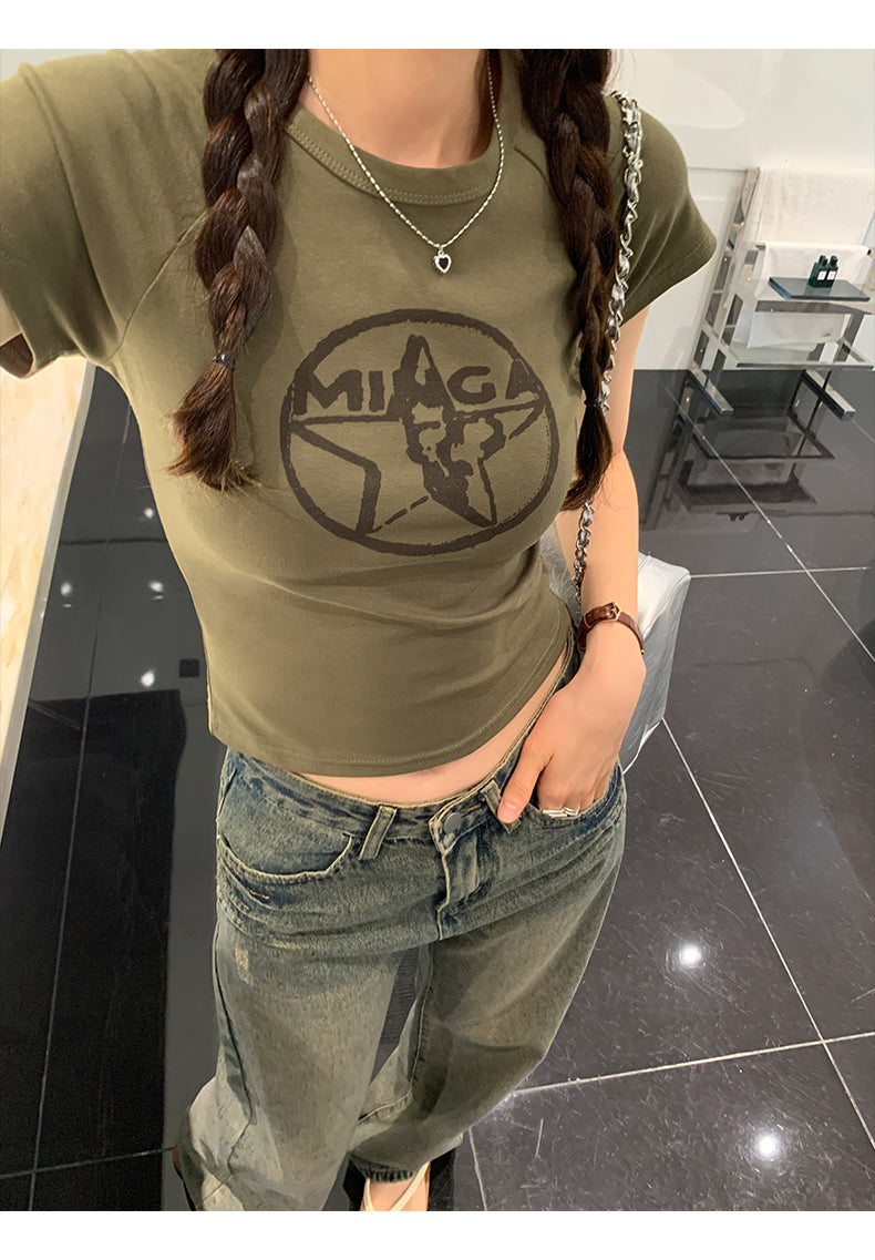 📺︎︎  CGE8663-45B 復古印花短袖T恤夏季圓領短款上衣