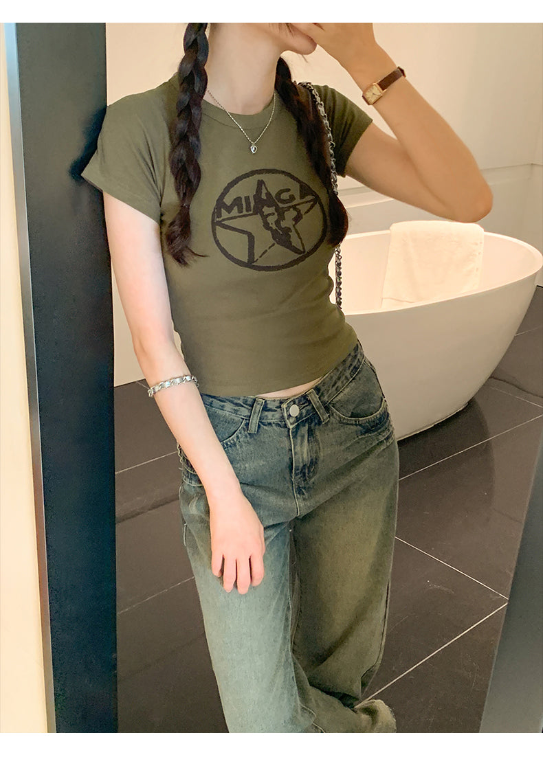 📺︎︎  CGE8663-45B 復古印花短袖T恤夏季圓領短款上衣