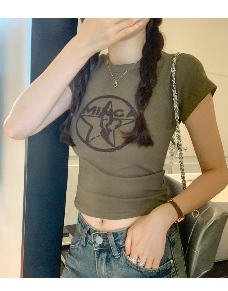 📺︎︎  CGE8663-45B 復古印花短袖T恤夏季圓領短款上衣