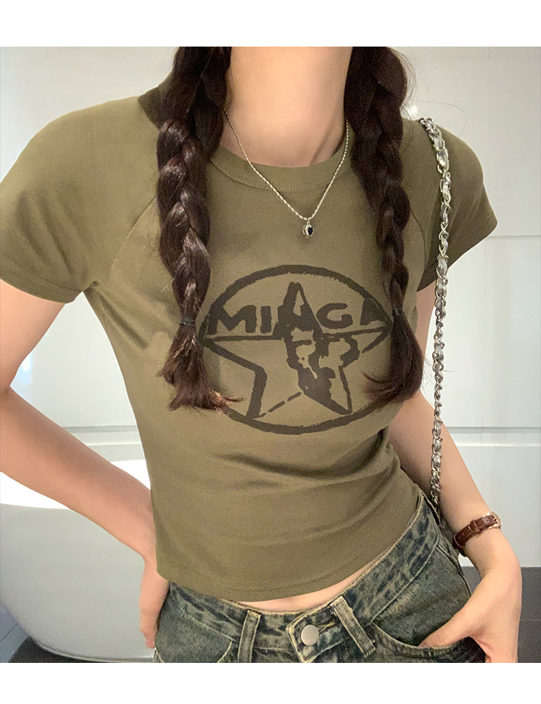 📺︎︎  CGE8663-45B 復古印花短袖T恤夏季圓領短款上衣