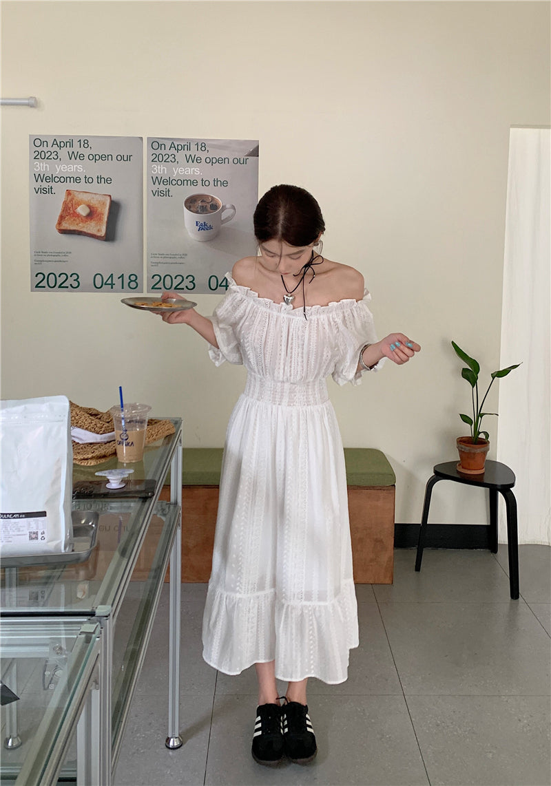 CGB120-25B  韓國chic定制蕾絲繡花一字肩長款連衣裙