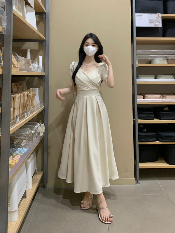 CGB7221-36H 夏季高腰褶皺方領A字連衣裙(2色)