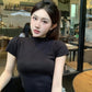 CGE6507-9B 韓版氣質修身不規則設計感純色落肩短袖針織上衣(3色)