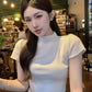CGE6507-9B 韓版氣質修身不規則設計感純色落肩短袖針織上衣(3色)
