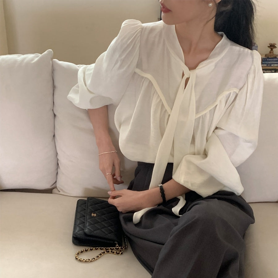 CGD1145-47B 韓國優雅茶歇光澤感小眾前後兩穿領帶寬鬆襯衫(2色)