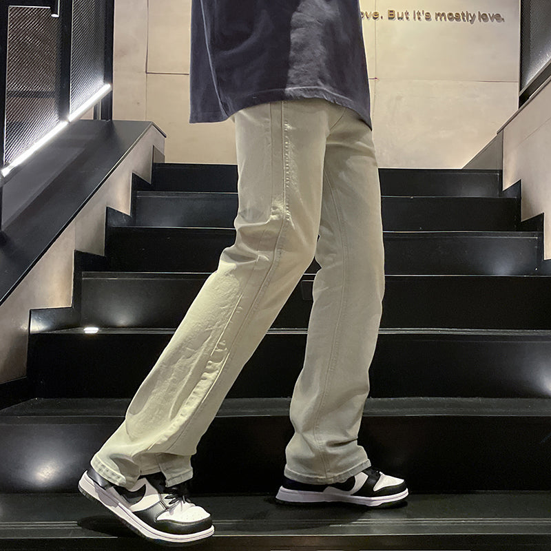 CBAYD754-2-1B港風小直筒高街水洗做舊泥黃染修身牛仔褲