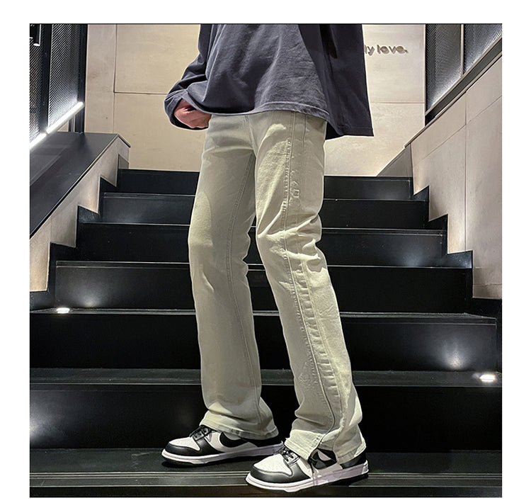 CBAYD754-2-1B港風小直筒高街水洗做舊泥黃染修身牛仔褲