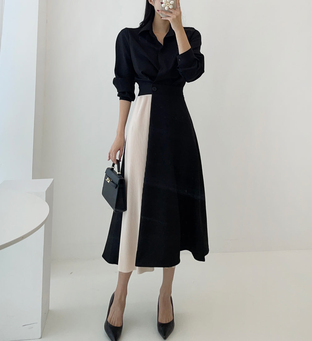 CGB7735-85B 秋季拼色收腰顯瘦襯衫連衣裙(3色)