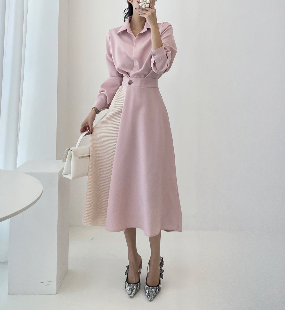 CGB7735-85B 秋季拼色收腰顯瘦襯衫連衣裙(3色)