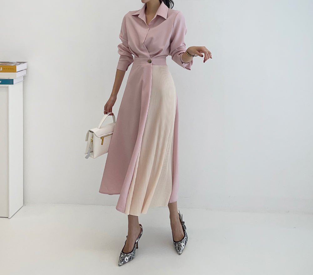 CGB7735-85B 秋季拼色收腰顯瘦襯衫連衣裙(3色)