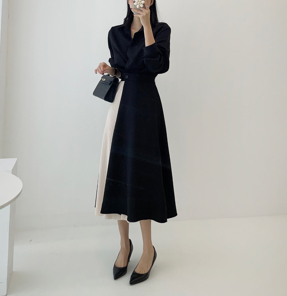 CGB7735-85B 秋季拼色收腰顯瘦襯衫連衣裙(3色)