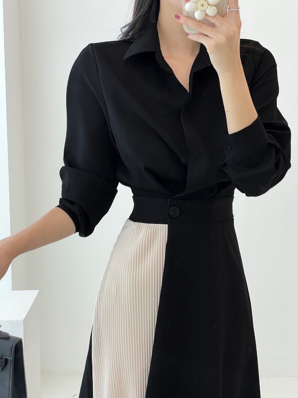 CGB7735-85B 秋季拼色收腰顯瘦襯衫連衣裙(3色)