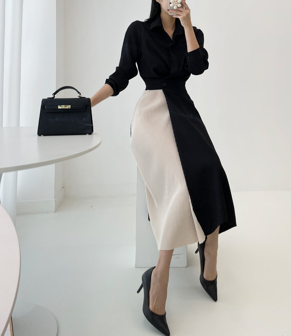 CGB7735-85B 秋季拼色收腰顯瘦襯衫連衣裙(3色)