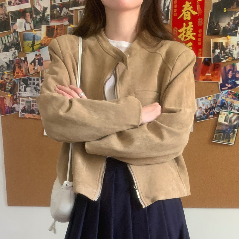 CGC1982-57B 美式復古鹿皮絨長袖外套拉鍊短款夾克(2色)