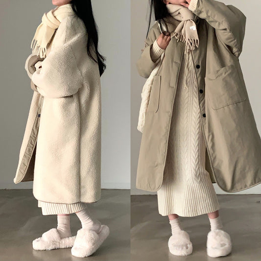 CGC7233-32B 厚實保暖秋冬兩面穿羊羔毛棉衣長款棉服外套(3色)