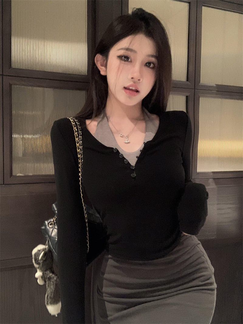 CGD6603-9B 撞色假兩件紐扣打底長袖T恤修身短款上衣(2色)