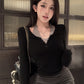 CGD6603-9B 撞色假兩件紐扣打底長袖T恤修身短款上衣(2色)