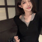 CGD6603-9B 撞色假兩件紐扣打底長袖T恤修身短款上衣(2色)