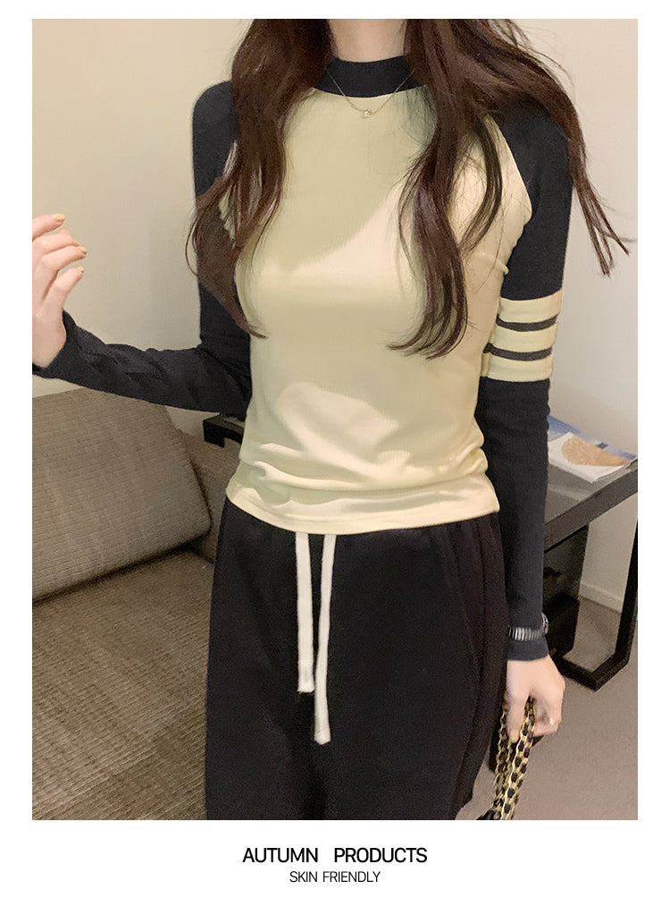 📺︎︎ CGD7742-45B 圖撞色插肩袖短款長袖T恤針織內搭上衣