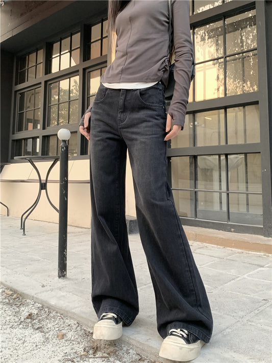 CGA0775-81B 高腰闊腿牛仔褲女美式復古高街寬鬆直筒褲長褲
