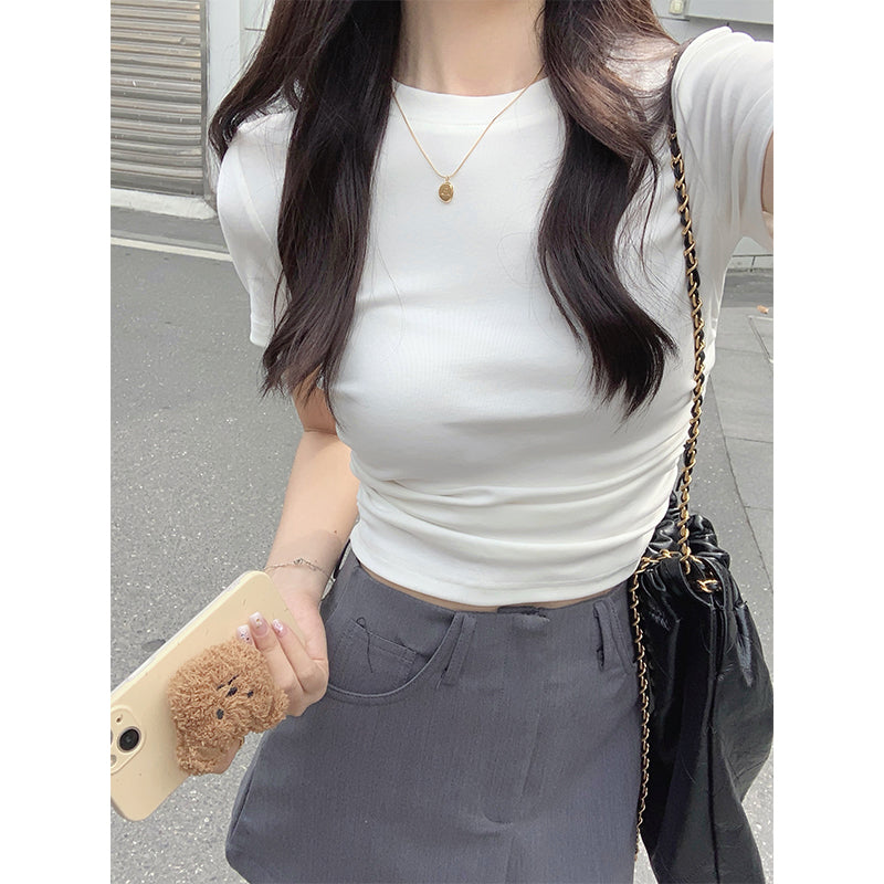 📺︎︎ CGE1344-49B 春夏季正肩短袖收腰抽褶純棉T恤(2色)