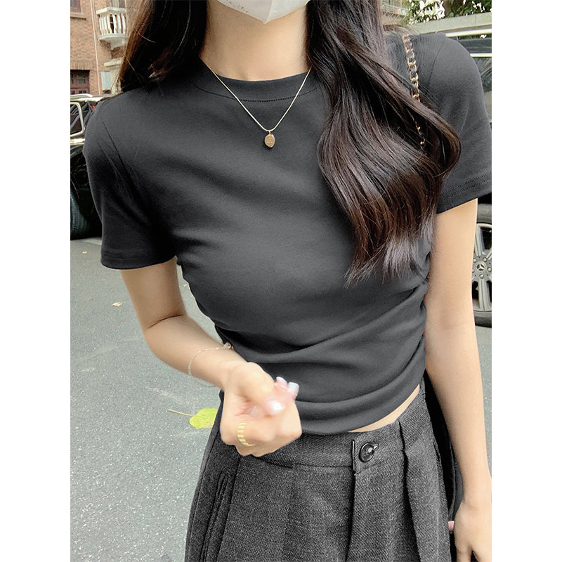 📺︎︎ CGE1344-49B 春夏季正肩短袖收腰抽褶純棉T恤(2色)