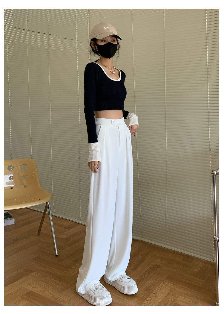 CGA8020-14B 春夏新款高腰垂感闊腿褲寬鬆雙扣顯瘦窄版拖地長褲(3色.常規.加長款)