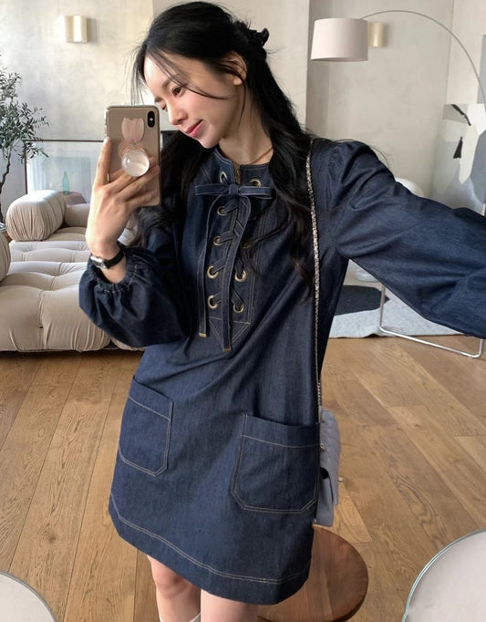 CGB7725-32B 綁帶燈籠袖牛仔娃娃裙連衣裙(2色)