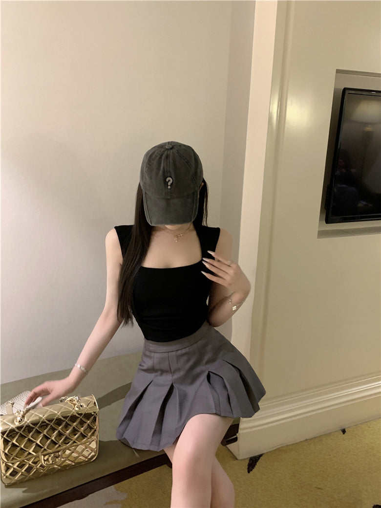 CGF3328-74B 復古修身削肩方領T恤(2色)