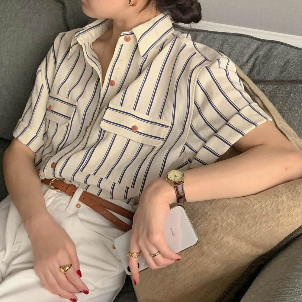 CGE11885-17B 基礎百搭款簡約條紋短袖襯衫(2色)