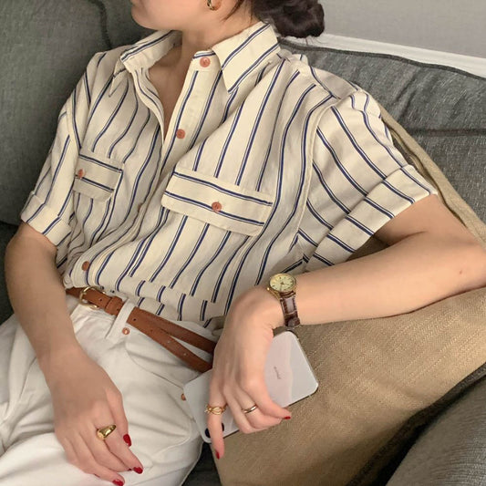 CGE11885-17B 基礎百搭款簡約條紋短袖襯衫(2色)
