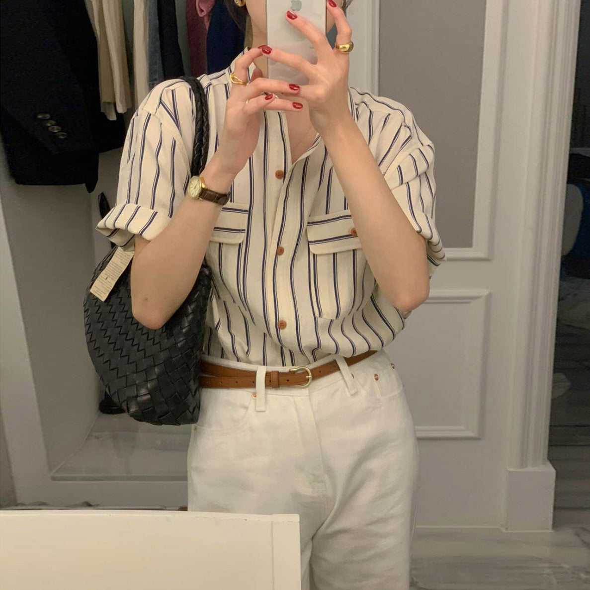 CGE11885-17B 基礎百搭款簡約條紋短袖襯衫(2色)