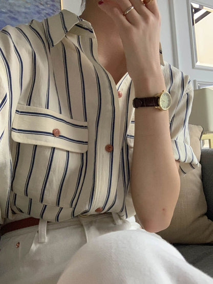 CGE11885-17B 基礎百搭款簡約條紋短袖襯衫(2色)