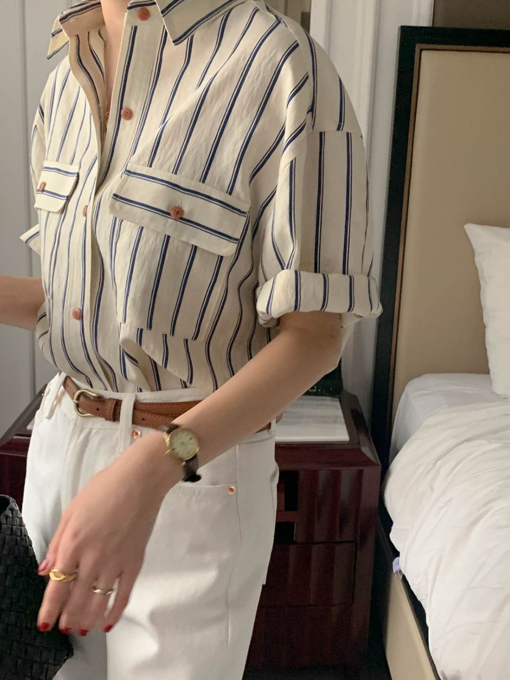 CGE11885-17B 基礎百搭款簡約條紋短袖襯衫(2色)