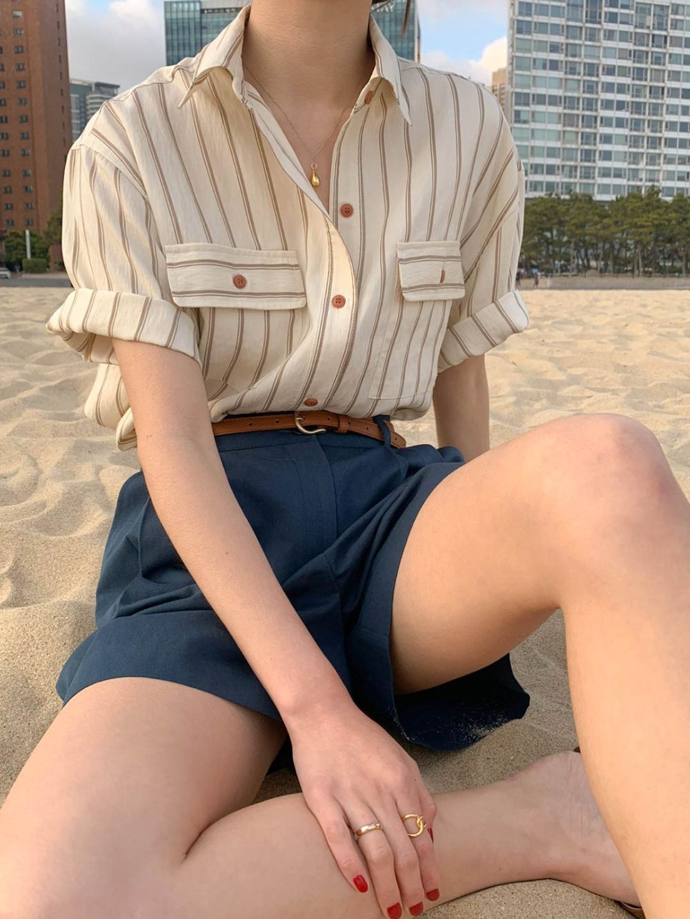 CGE11885-17B 基礎百搭款簡約條紋短袖襯衫(2色)