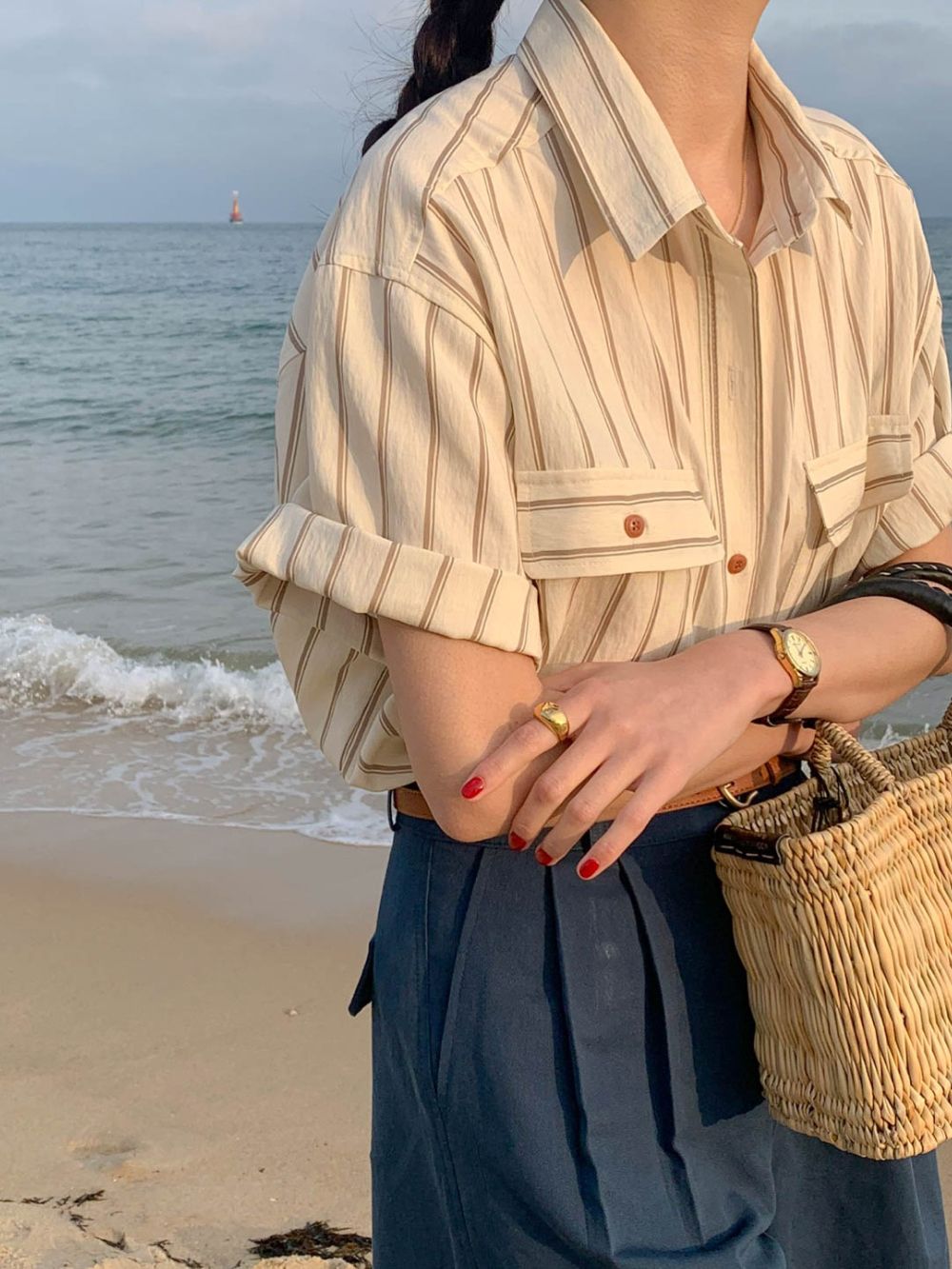 CGE11885-17B 基礎百搭款簡約條紋短袖襯衫(2色)