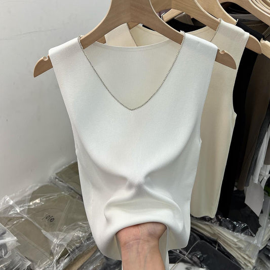 CGFA2456-36H 冰絲V領無袖背心吊帶純色針織上衣(3色)