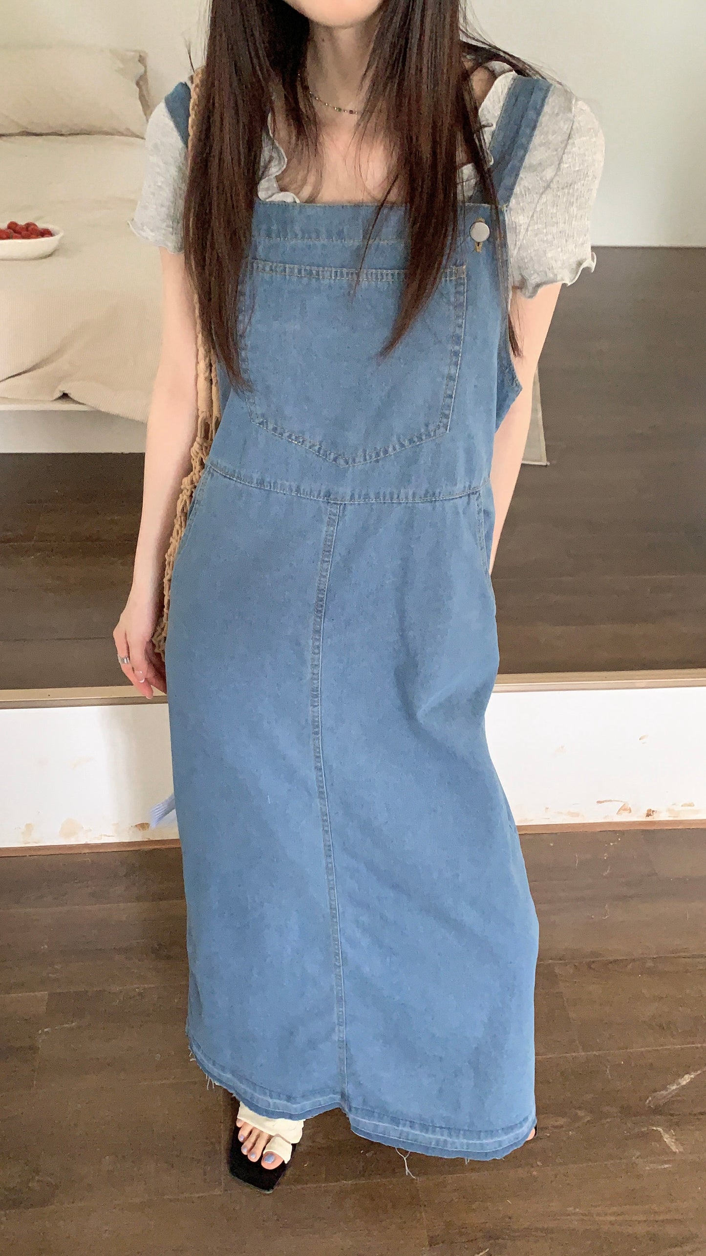CGB8954-73B 牛仔背帶裙法式小眾別致獨特高級感復古長款無袖連衣裙