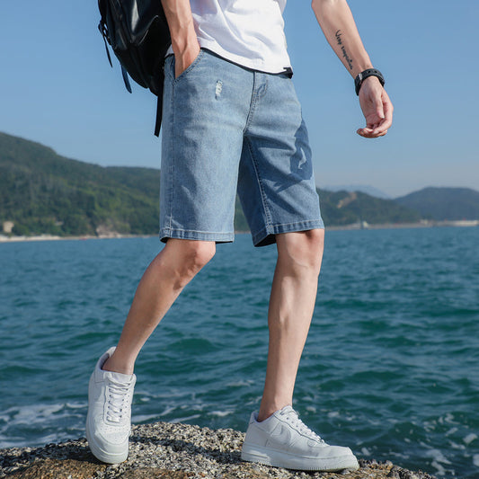 CBST-D19-1B 潮牌夏季牛仔短褲男士個性刺繡寬鬆韓版彈力五分褲