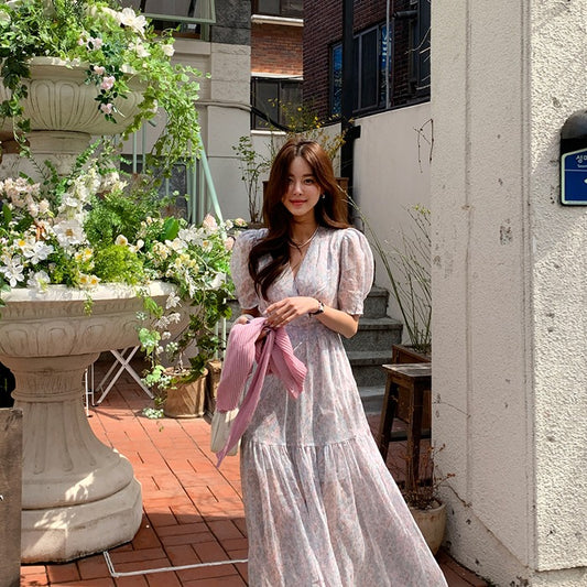 CGB1903-36H 小清新甜美碎花連衣裙夏季V領長裙泡泡袖韓國chic(2色)