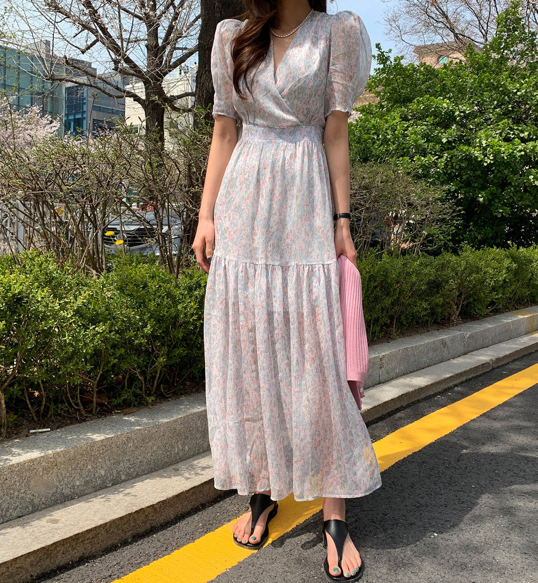 CGB1903-36H 小清新甜美碎花連衣裙夏季V領長裙泡泡袖韓國chic(2色)