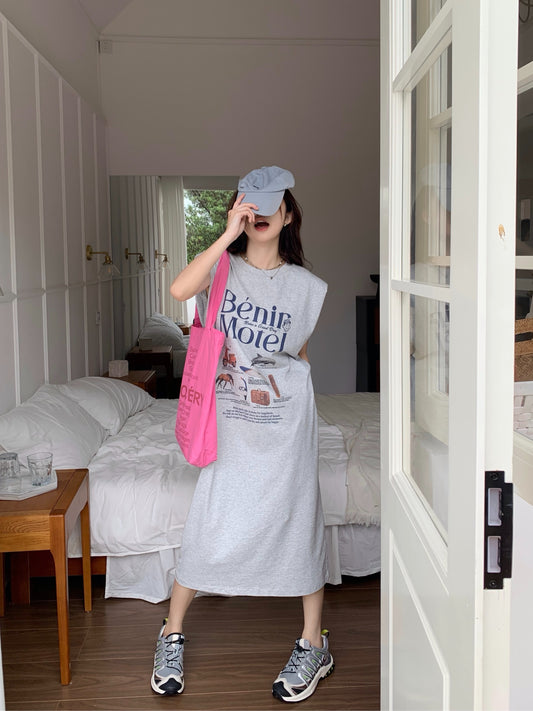 CGB5339-120B 夏日百搭超大印花無袖墊肩T恤連衣裙