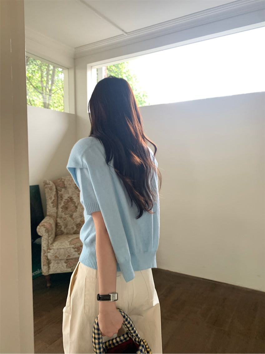 CGE9090-120B 百搭圓領短袖薄款毛衣+送同色披肩(2色)