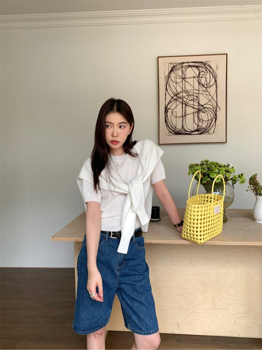 CGE9090-120B 百搭圓領短袖薄款毛衣+送同色披肩(2色)