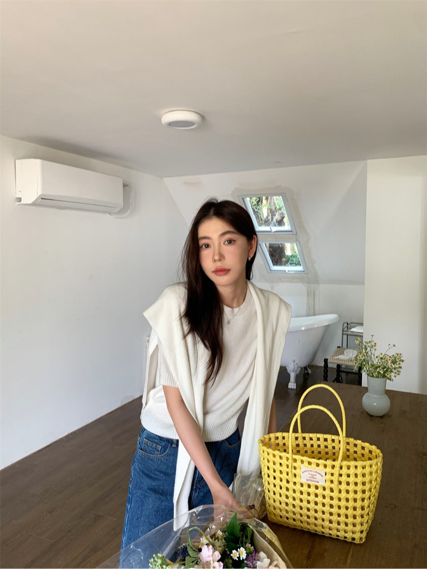 CGE9090-120B 百搭圓領短袖薄款毛衣+送同色披肩(2色)